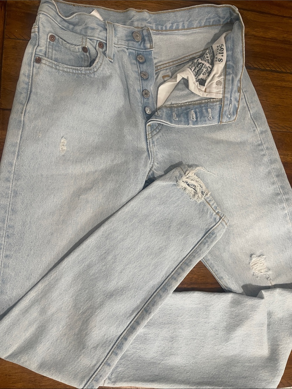 Levi's 501 button fly light wash Blue Distressed skinny Jeans size 25 x 30